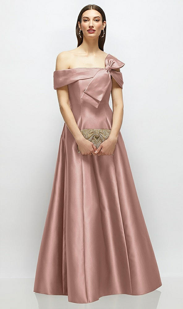 Front View - Neu Nude Asymmetrical Bow Off-Shoulder Satin Gown with Ballroom Skirt