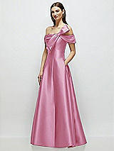 Side View Thumbnail - Powder Pink Asymmetrical Bow Off-Shoulder Satin Gown with Ballroom Skirt
