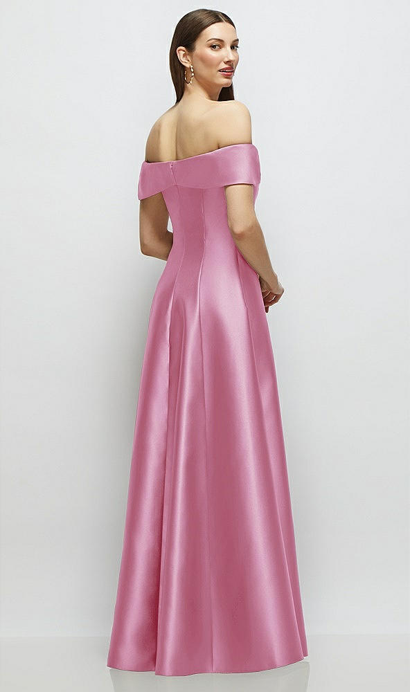 Back View - Powder Pink Asymmetrical Bow Off-Shoulder Satin Gown with Ballroom Skirt