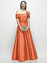 Front View Thumbnail - Portofino Orange Asymmetrical Bow Off-Shoulder Satin Gown with Ballroom Skirt
