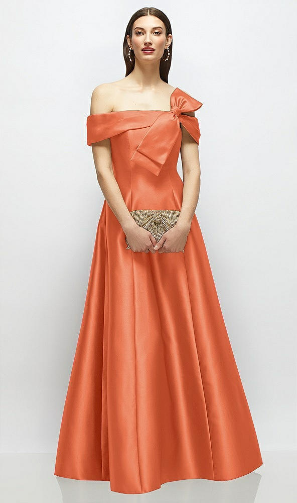 Front View - Portofino Orange Asymmetrical Bow Off-Shoulder Satin Gown with Ballroom Skirt