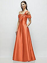 Side View Thumbnail - Portofino Orange Asymmetrical Bow Off-Shoulder Satin Gown with Ballroom Skirt