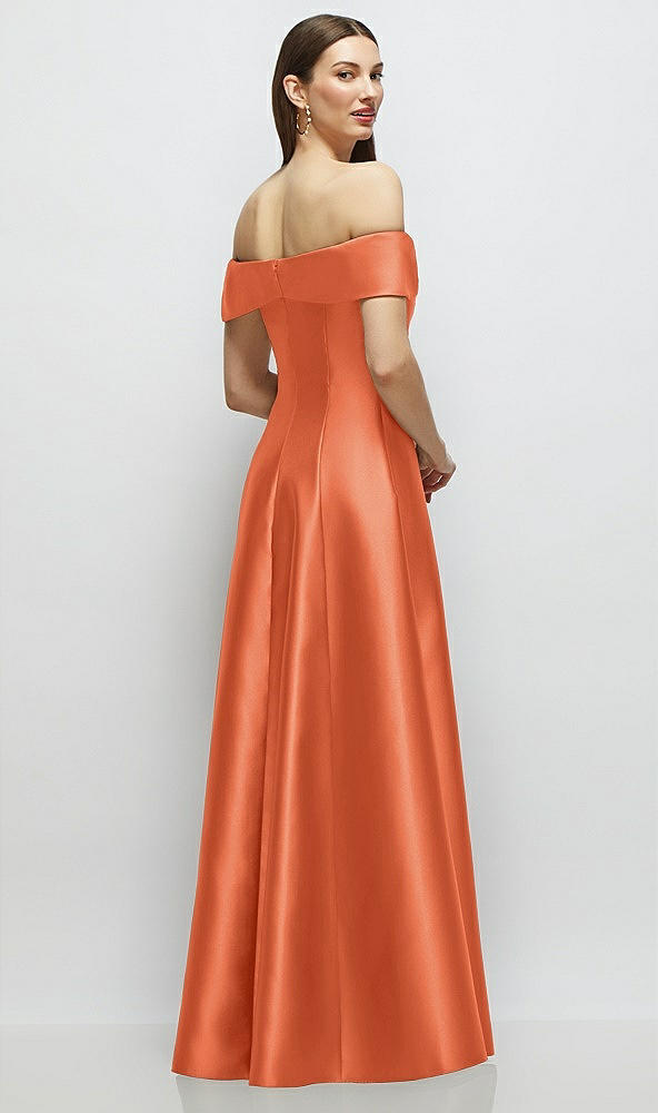 Back View - Portofino Orange Asymmetrical Bow Off-Shoulder Satin Gown with Ballroom Skirt