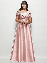 Alt View 1 Thumbnail - Rose Asymmetrical Bow Off-Shoulder Satin Gown with Ballroom Skirt