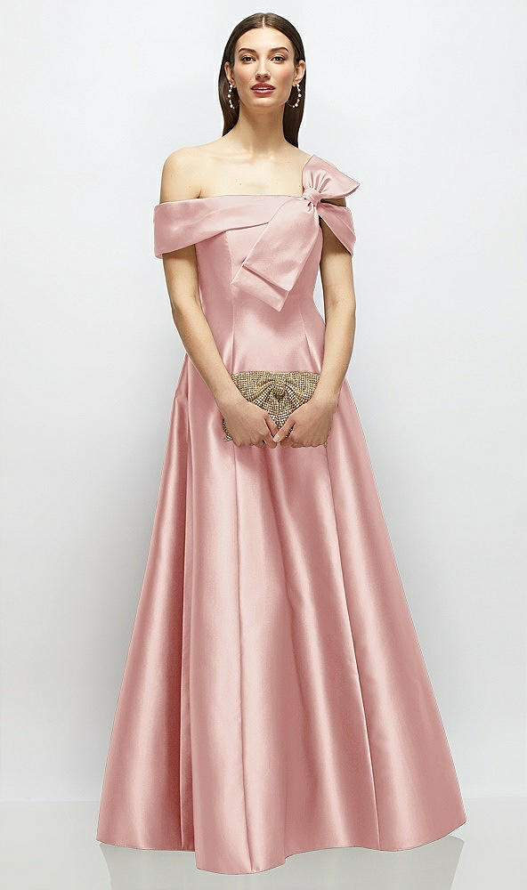 Front View - Rose Asymmetrical Bow Off-Shoulder Satin Gown with Ballroom Skirt