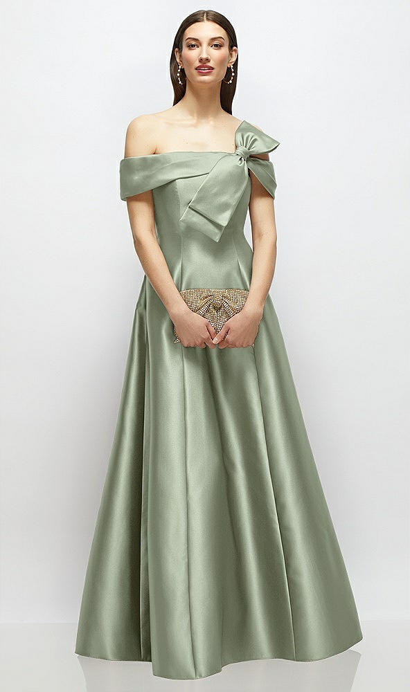 Front View - Sage Asymmetrical Bow Off-Shoulder Satin Gown with Ballroom Skirt