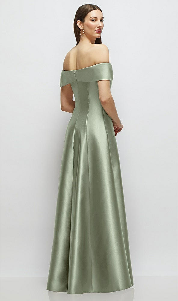 Back View - Sage Asymmetrical Bow Off-Shoulder Satin Gown with Ballroom Skirt