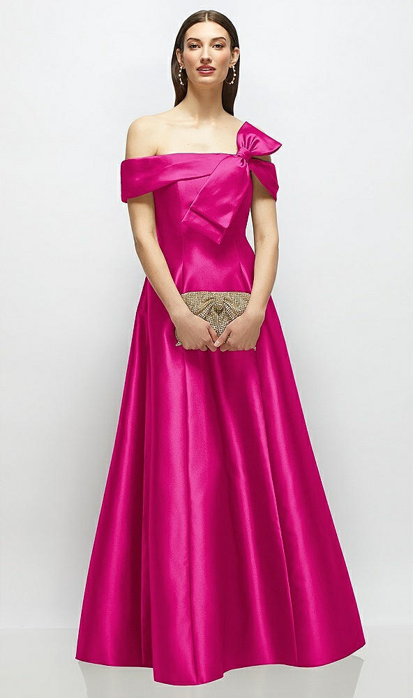 Front View - Think Pink Asymmetrical Bow Off-Shoulder Satin Gown with Ballroom Skirt