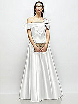 Front View Thumbnail - White Asymmetrical Bow Off-Shoulder Satin Gown with Ballroom Skirt