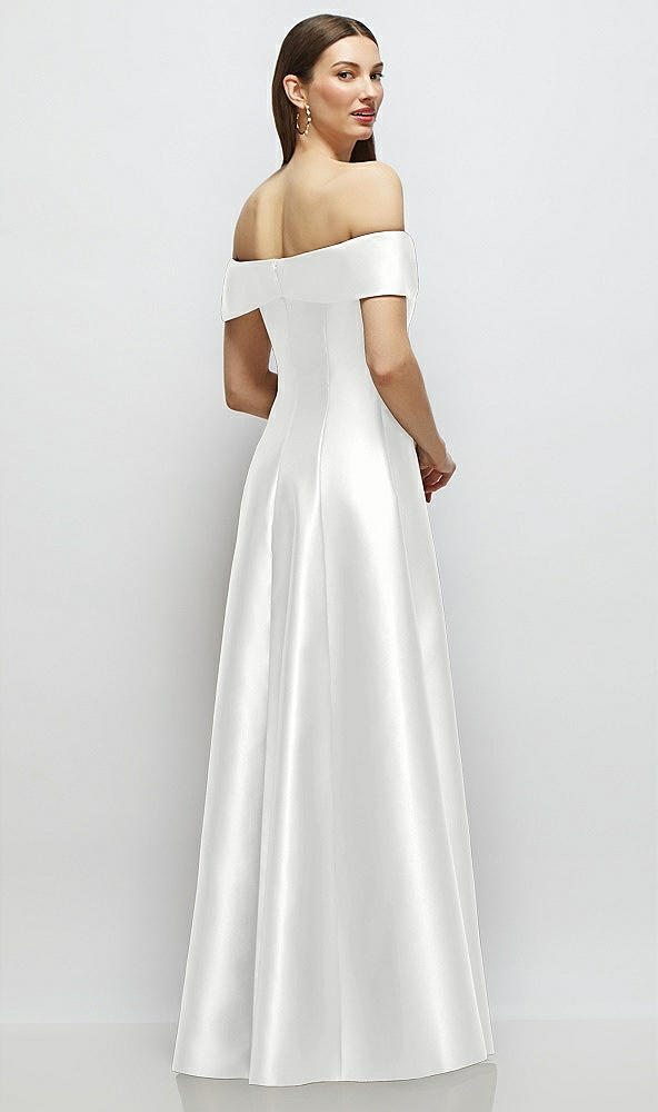 Back View - White Asymmetrical Bow Off-Shoulder Satin Gown with Ballroom Skirt