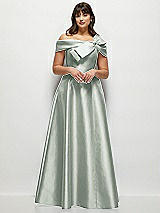 Alt View 1 Thumbnail - Willow Green Asymmetrical Bow Off-Shoulder Satin Gown with Ballroom Skirt