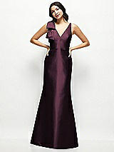 Front View Thumbnail - Deep Plum Deep V-back Satin Trumpet Dress with Cascading Bow at One Shoulder