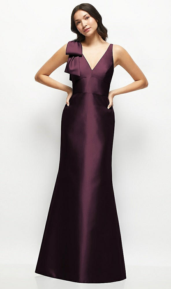 Front View - Deep Plum Deep V-back Satin Trumpet Dress with Cascading Bow at One Shoulder
