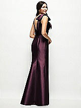 Rear View Thumbnail - Deep Plum Deep V-back Satin Trumpet Dress with Cascading Bow at One Shoulder