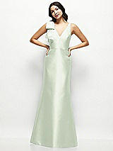 Front View Thumbnail - Mint Green Deep V-back Satin Trumpet Dress with Cascading Bow at One Shoulder