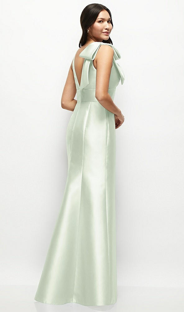 Back View - Mint Green Deep V-back Satin Trumpet Dress with Cascading Bow at One Shoulder