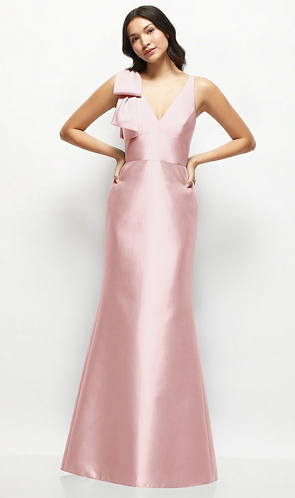 Front View - Ballet Pink Deep V-back Satin Trumpet Dress with Cascading Bow at One Shoulder