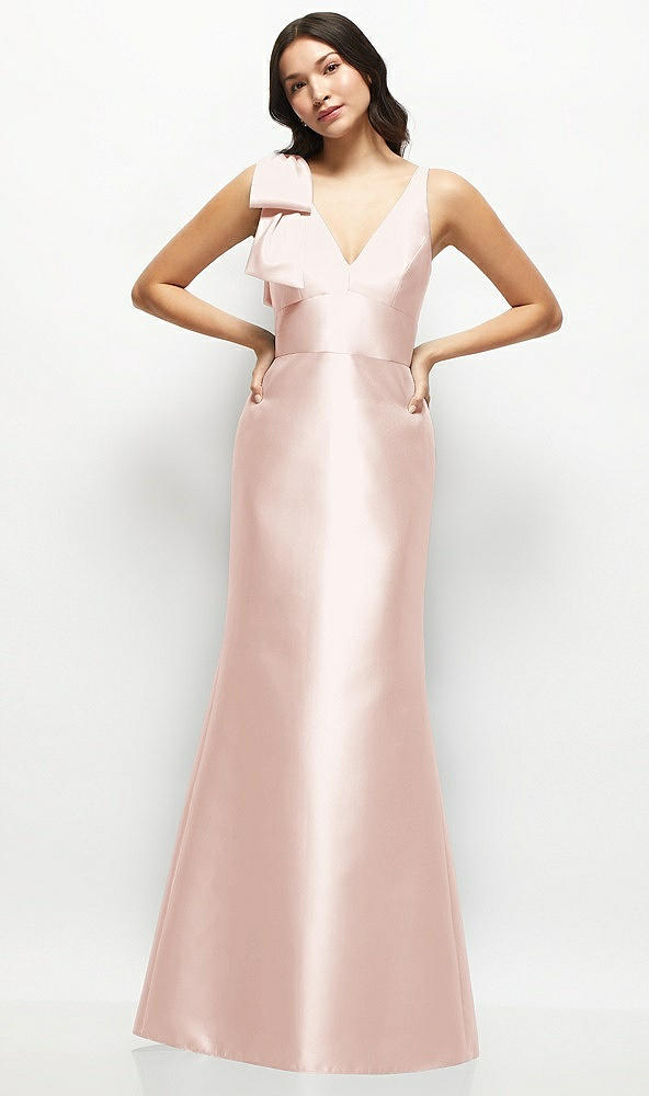 Front View - Blush Deep V-back Satin Trumpet Dress with Cascading Bow at One Shoulder
