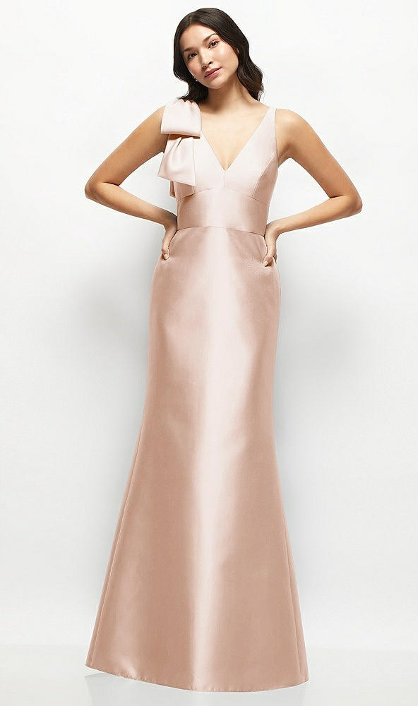 Front View - Cameo Deep V-back Satin Trumpet Dress with Cascading Bow at One Shoulder