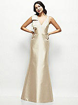 Front View Thumbnail - Champagne Deep V-back Satin Trumpet Dress with Cascading Bow at One Shoulder