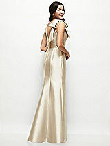 Rear View Thumbnail - Champagne Deep V-back Satin Trumpet Dress with Cascading Bow at One Shoulder