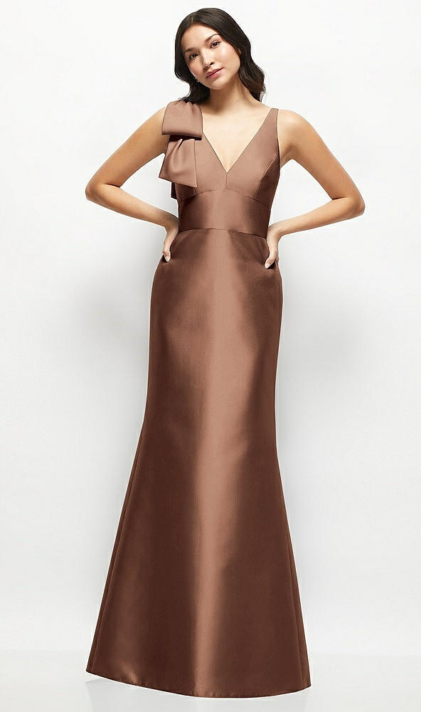 Front View - Cognac Deep V-back Satin Trumpet Dress with Cascading Bow at One Shoulder