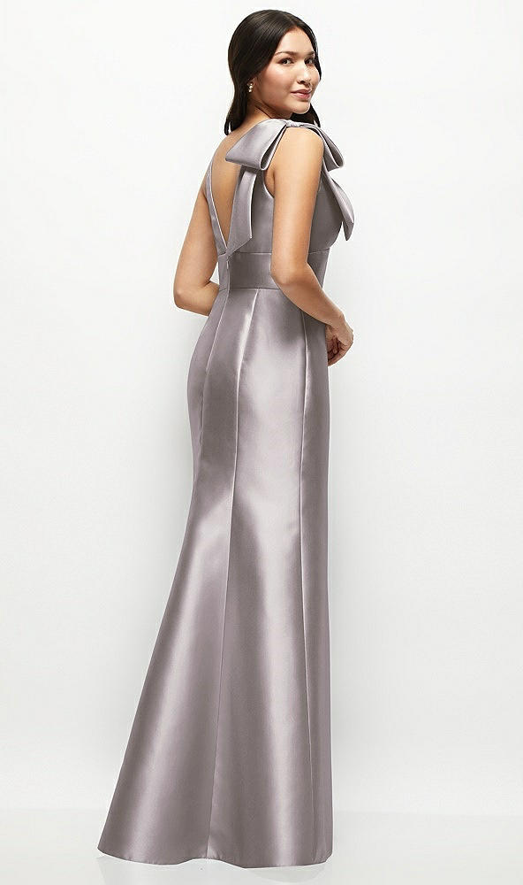 Back View - Cashmere Gray Deep V-back Satin Trumpet Dress with Cascading Bow at One Shoulder