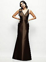 Front View Thumbnail - Espresso Deep V-back Satin Trumpet Dress with Cascading Bow at One Shoulder
