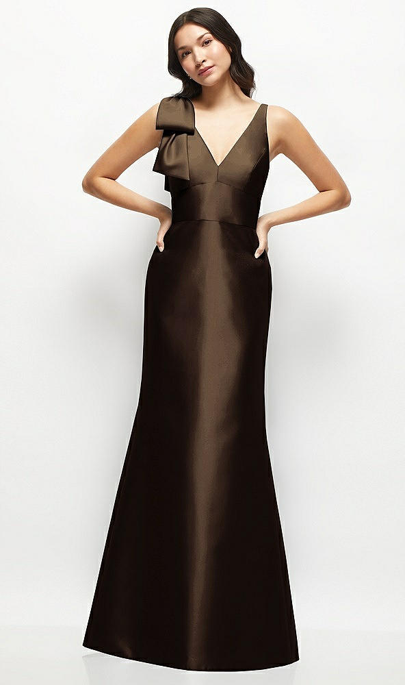 Front View - Espresso Deep V-back Satin Trumpet Dress with Cascading Bow at One Shoulder