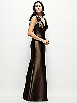 Side View Thumbnail - Espresso Deep V-back Satin Trumpet Dress with Cascading Bow at One Shoulder