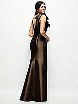 Rear View Thumbnail - Espresso Deep V-back Satin Trumpet Dress with Cascading Bow at One Shoulder