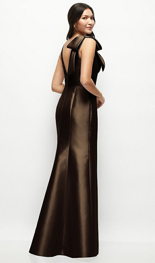 Back View - Espresso Deep V-back Satin Trumpet Dress with Cascading Bow at One Shoulder