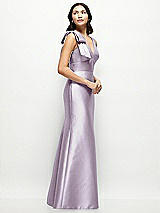 Side View Thumbnail - Lilac Haze Deep V-back Satin Trumpet Dress with Cascading Bow at One Shoulder