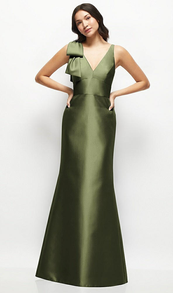 Front View - Olive Green Deep V-back Satin Trumpet Dress with Cascading Bow at One Shoulder