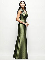 Side View Thumbnail - Olive Green Deep V-back Satin Trumpet Dress with Cascading Bow at One Shoulder