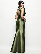 Rear View Thumbnail - Olive Green Deep V-back Satin Trumpet Dress with Cascading Bow at One Shoulder