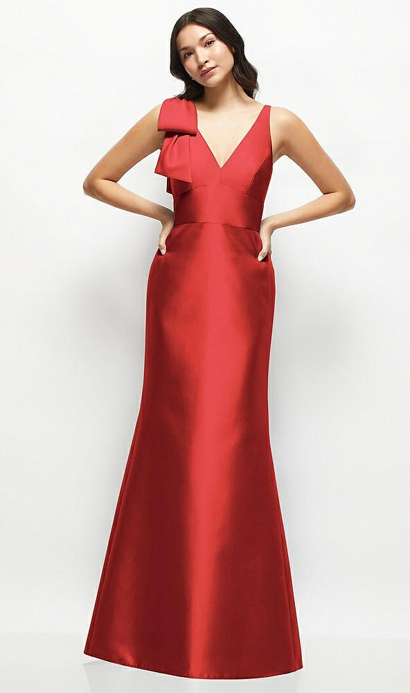 Front View - Poppy Red Deep V-back Satin Trumpet Dress with Cascading Bow at One Shoulder