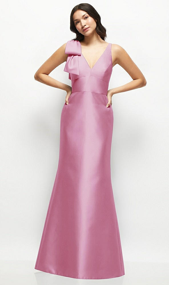 Front View - Powder Pink Deep V-back Satin Trumpet Dress with Cascading Bow at One Shoulder
