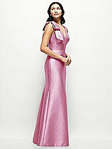 Side View Thumbnail - Powder Pink Deep V-back Satin Trumpet Dress with Cascading Bow at One Shoulder