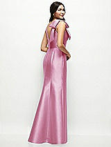 Rear View Thumbnail - Powder Pink Deep V-back Satin Trumpet Dress with Cascading Bow at One Shoulder