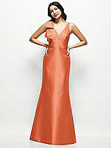 Front View Thumbnail - Portofino Orange Deep V-back Satin Trumpet Dress with Cascading Bow at One Shoulder