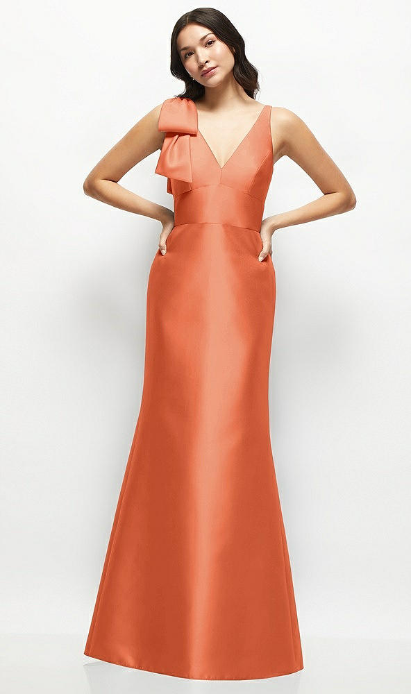 Front View - Portofino Orange Deep V-back Satin Trumpet Dress with Cascading Bow at One Shoulder