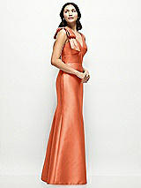Side View Thumbnail - Portofino Orange Deep V-back Satin Trumpet Dress with Cascading Bow at One Shoulder