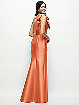 Rear View Thumbnail - Portofino Orange Deep V-back Satin Trumpet Dress with Cascading Bow at One Shoulder