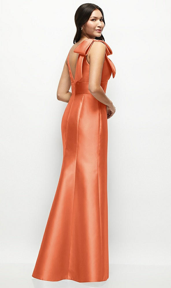 Back View - Portofino Orange Deep V-back Satin Trumpet Dress with Cascading Bow at One Shoulder
