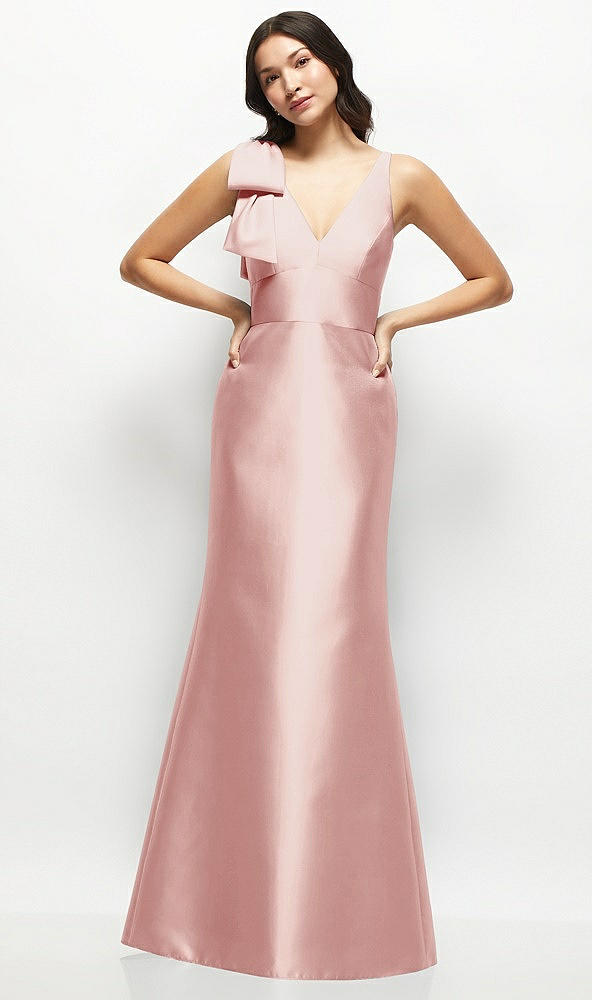Front View - Rose Deep V-back Satin Trumpet Dress with Cascading Bow at One Shoulder