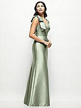 Side View Thumbnail - Sage Deep V-back Satin Trumpet Dress with Cascading Bow at One Shoulder