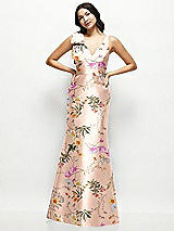 Front View Thumbnail - Butterfly Botanica Pink Sand Deep V-back Floral Satin Trumpet Dress with One-Shoulder Cascading Bow