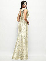 Rear View Thumbnail - Butter Yellow Floral Deep V-back Floral Satin Trumpet Dress with One-Shoulder Cascading Bow