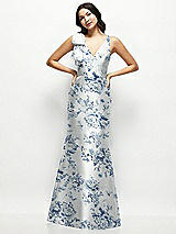 Front View Thumbnail - Cottage Rose Larkspur Deep V-back Floral Satin Trumpet Dress with One-Shoulder Cascading Bow